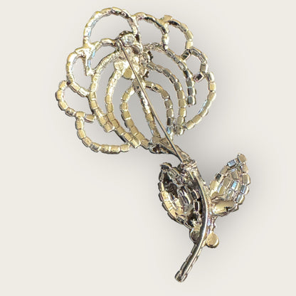 Vintage Clear Rhinestone Rose Brooch – Silvertone Floral Statement Pin