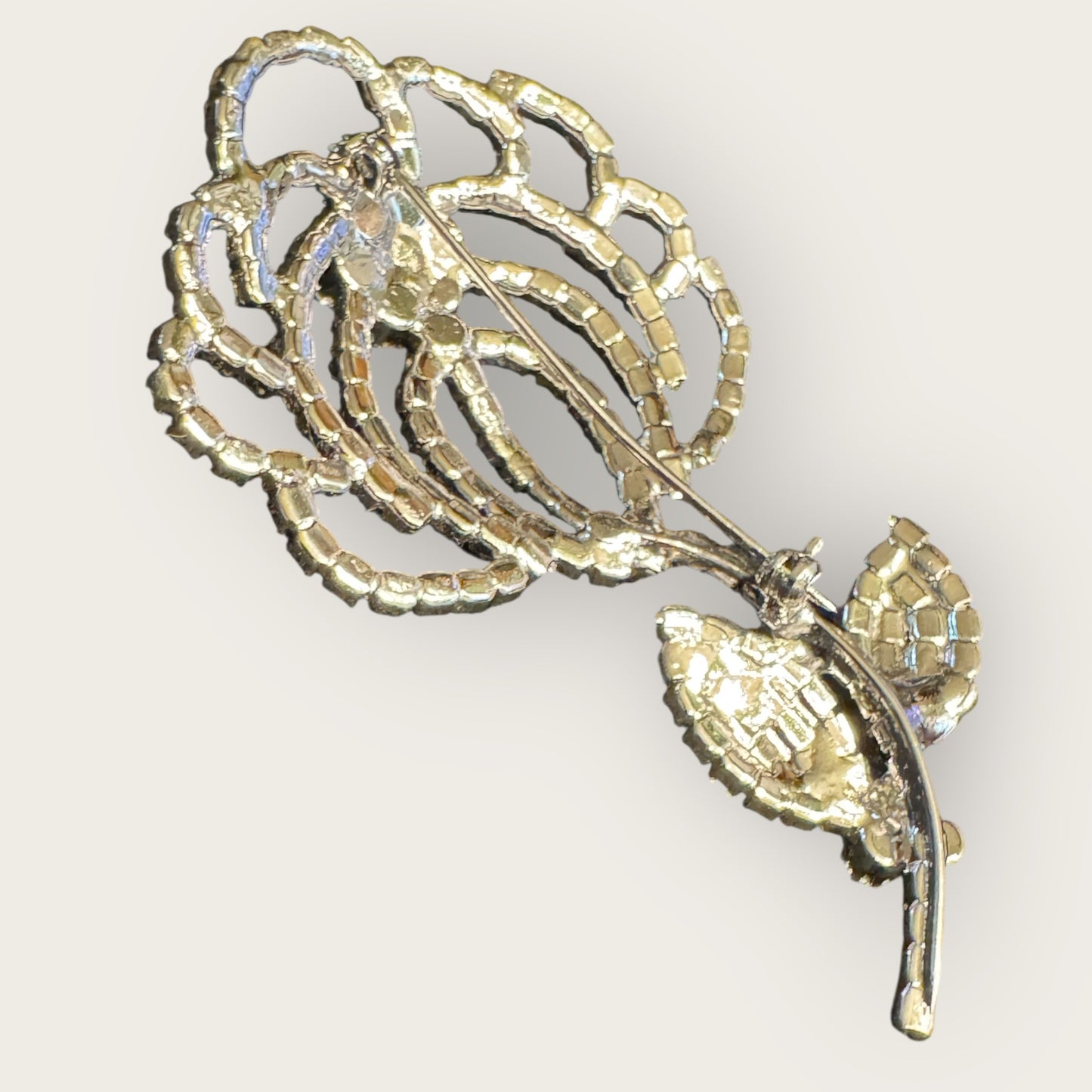 Vintage Clear Rhinestone Rose Brooch – Silvertone Floral Statement Pin