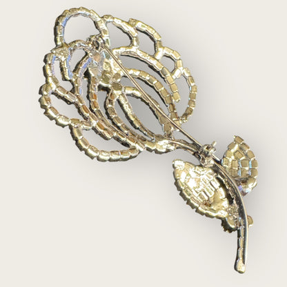 Vintage Clear Rhinestone Rose Brooch – Silvertone Floral Statement Pin
