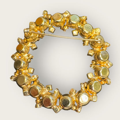 Vintage Frosted Cabochon & Aurora Borealis Wreath Brooch – Gold-Tone, Mid-Century Glamour