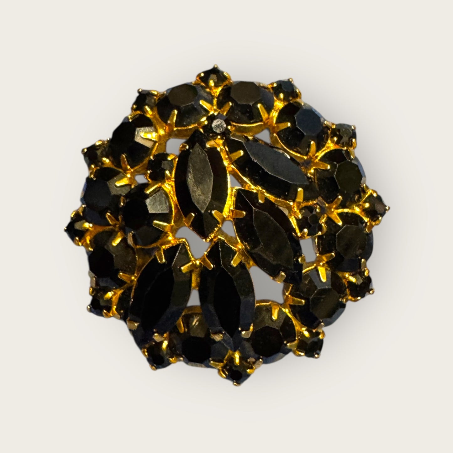 Vintage Black Glass Dome Brooch – Onyx-Black Marquise & Round Stones in Rich Gold Plate