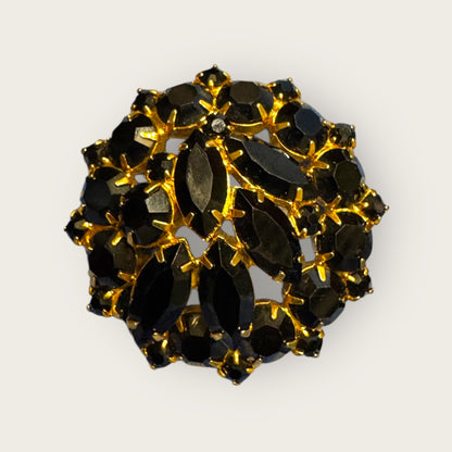 Vintage Black Glass Dome Brooch – Onyx-Black Marquise & Round Stones in Rich Gold Plate