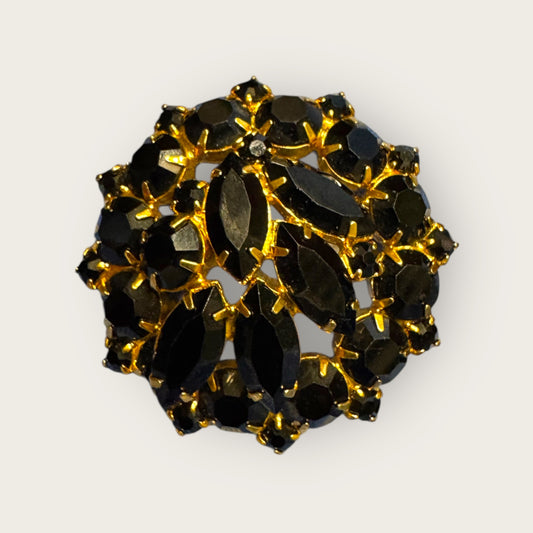 Vintage Black Glass Dome Brooch – Onyx-Black Marquise & Round Stones in Rich Gold Plate
