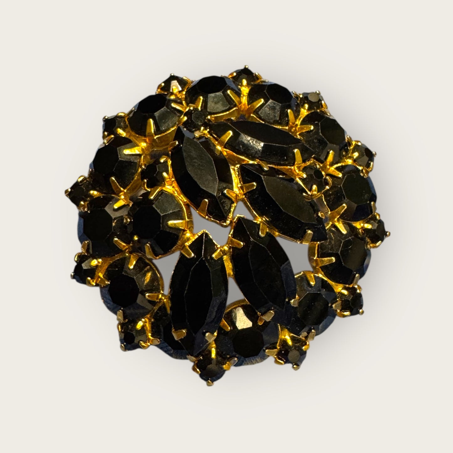 Vintage Black Glass Dome Brooch – Onyx-Black Marquise & Round Stones in Rich Gold Plate