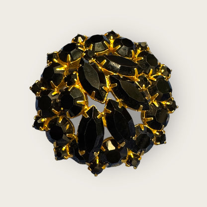Vintage Black Glass Dome Brooch – Onyx-Black Marquise & Round Stones in Rich Gold Plate