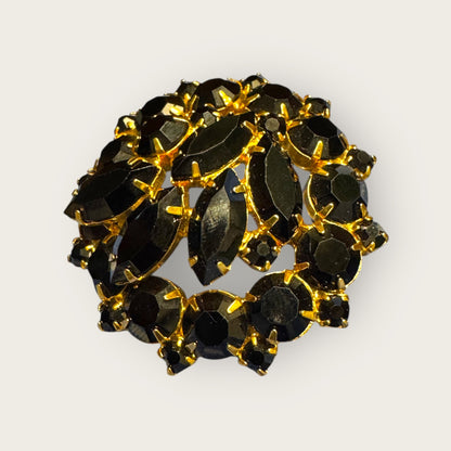 Vintage Black Glass Dome Brooch – Onyx-Black Marquise & Round Stones in Rich Gold Plate