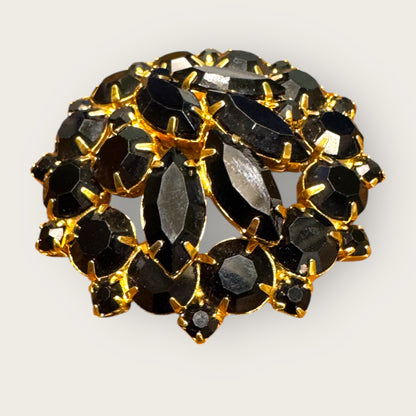 Vintage Black Glass Dome Brooch – Onyx-Black Marquise & Round Stones in Rich Gold Plate