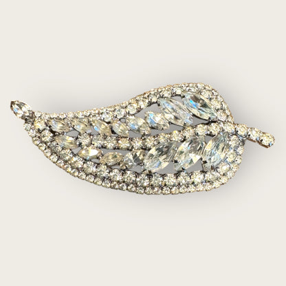 Vintage Clear Rhinestone Paisley–Pear Leaf Brooch – Dramatic Mid-Century Silvertone Statement Pin with Marquis & Round Stones