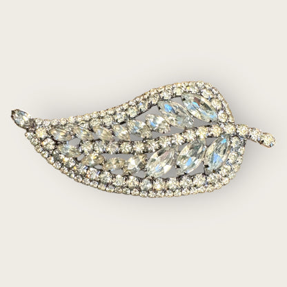 Vintage Clear Rhinestone Paisley–Pear Leaf Brooch – Dramatic Mid-Century Silvertone Statement Pin with Marquis & Round Stones