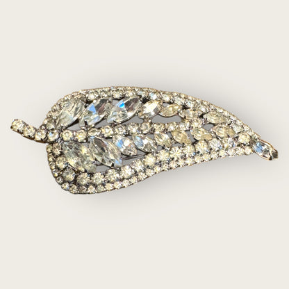 Vintage Clear Rhinestone Paisley–Pear Leaf Brooch – Dramatic Mid-Century Silvertone Statement Pin with Marquis & Round Stones