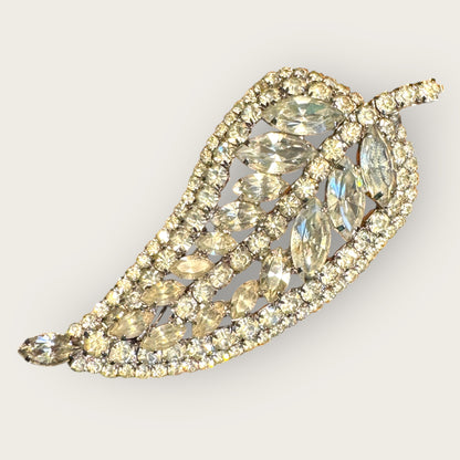 Vintage Clear Rhinestone Paisley–Pear Leaf Brooch – Dramatic Mid-Century Silvertone Statement Pin with Marquis & Round Stones