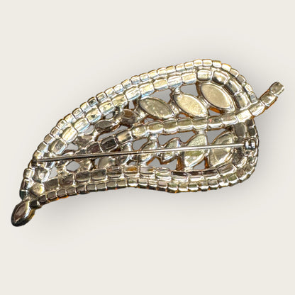 Vintage Clear Rhinestone Paisley–Pear Leaf Brooch – Dramatic Mid-Century Silvertone Statement Pin with Marquis & Round Stones