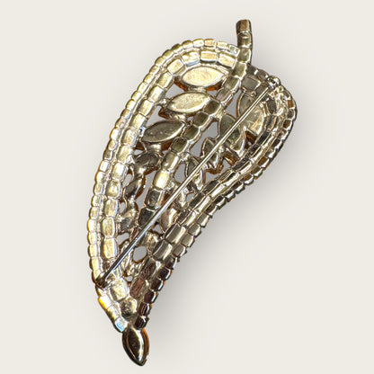 Vintage Clear Rhinestone Paisley–Pear Leaf Brooch – Dramatic Mid-Century Silvertone Statement Pin with Marquis & Round Stones