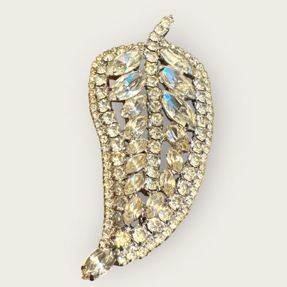 Vintage Clear Rhinestone Paisley–Pear Leaf Brooch – Dramatic Mid-Century Silvertone Statement Pin with Marquis & Round Stones