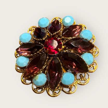 Antique-Style Turquoise & Amethyst Layered Glass Brooch – Domed Filigree – c. 1930s–1950s