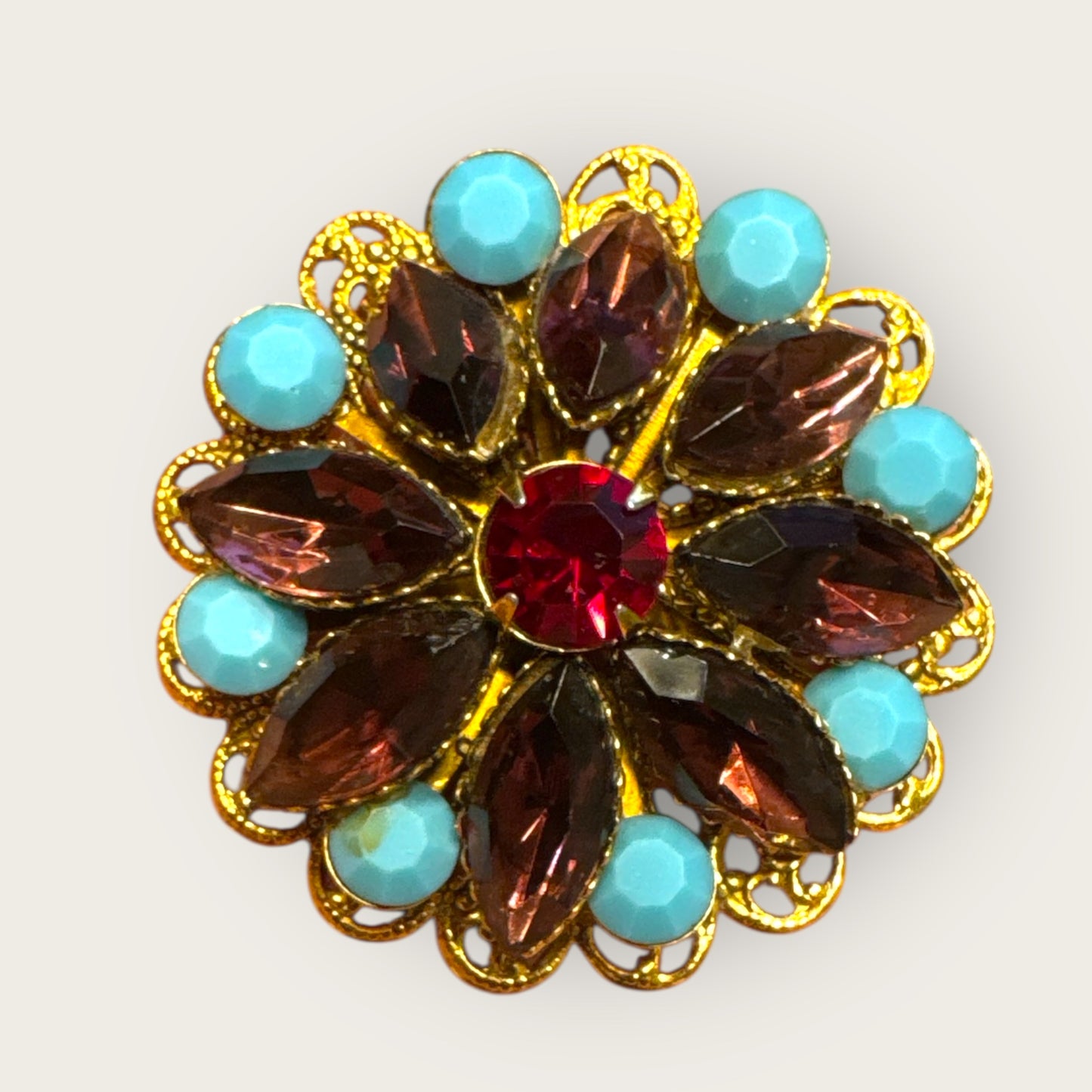 Antique-Style Turquoise & Amethyst Layered Glass Brooch – Domed Filigree – c. 1930s–1950s