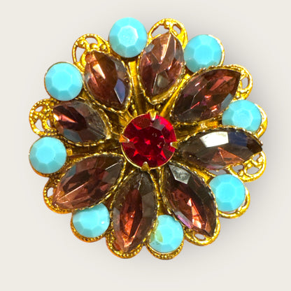 Antique-Style Turquoise & Amethyst Layered Glass Brooch – Domed Filigree – c. 1930s–1950s