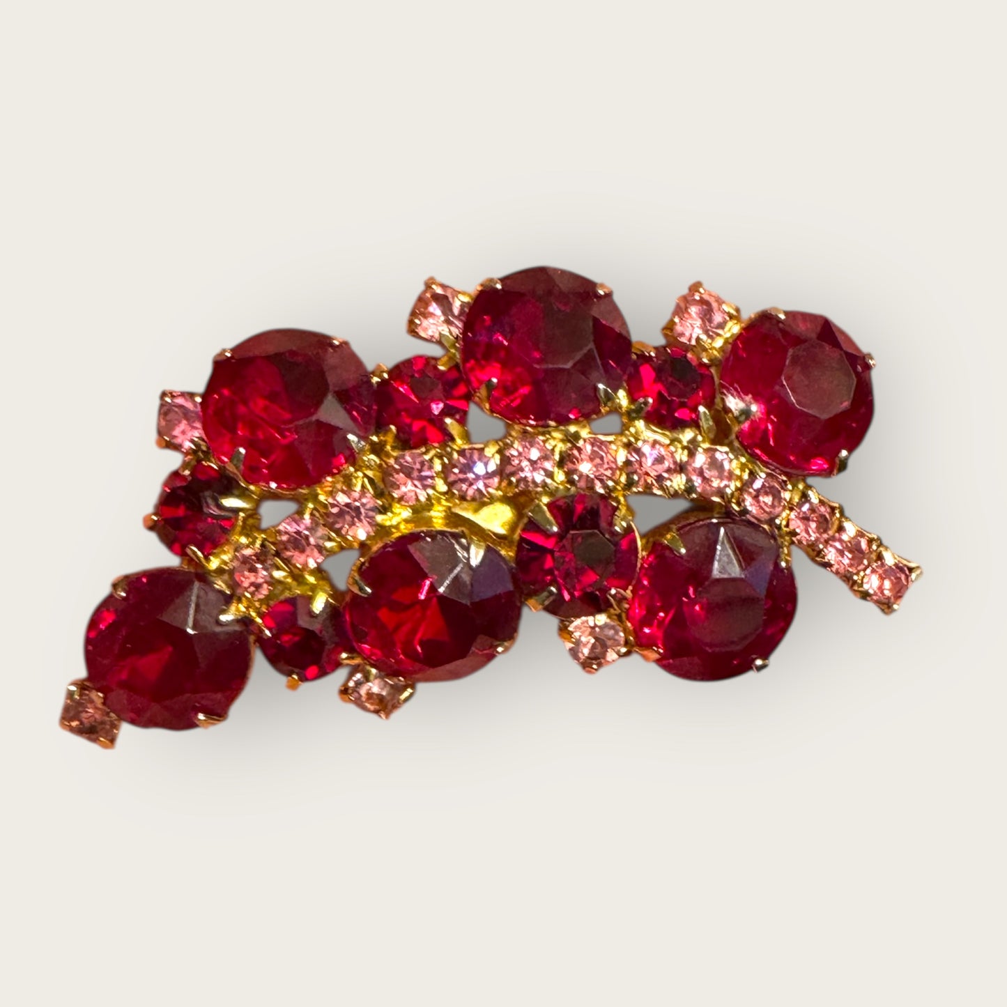Vintage Ruby Red Chunky Rhinestone Brooch – Gold-Tone & Pink Accents