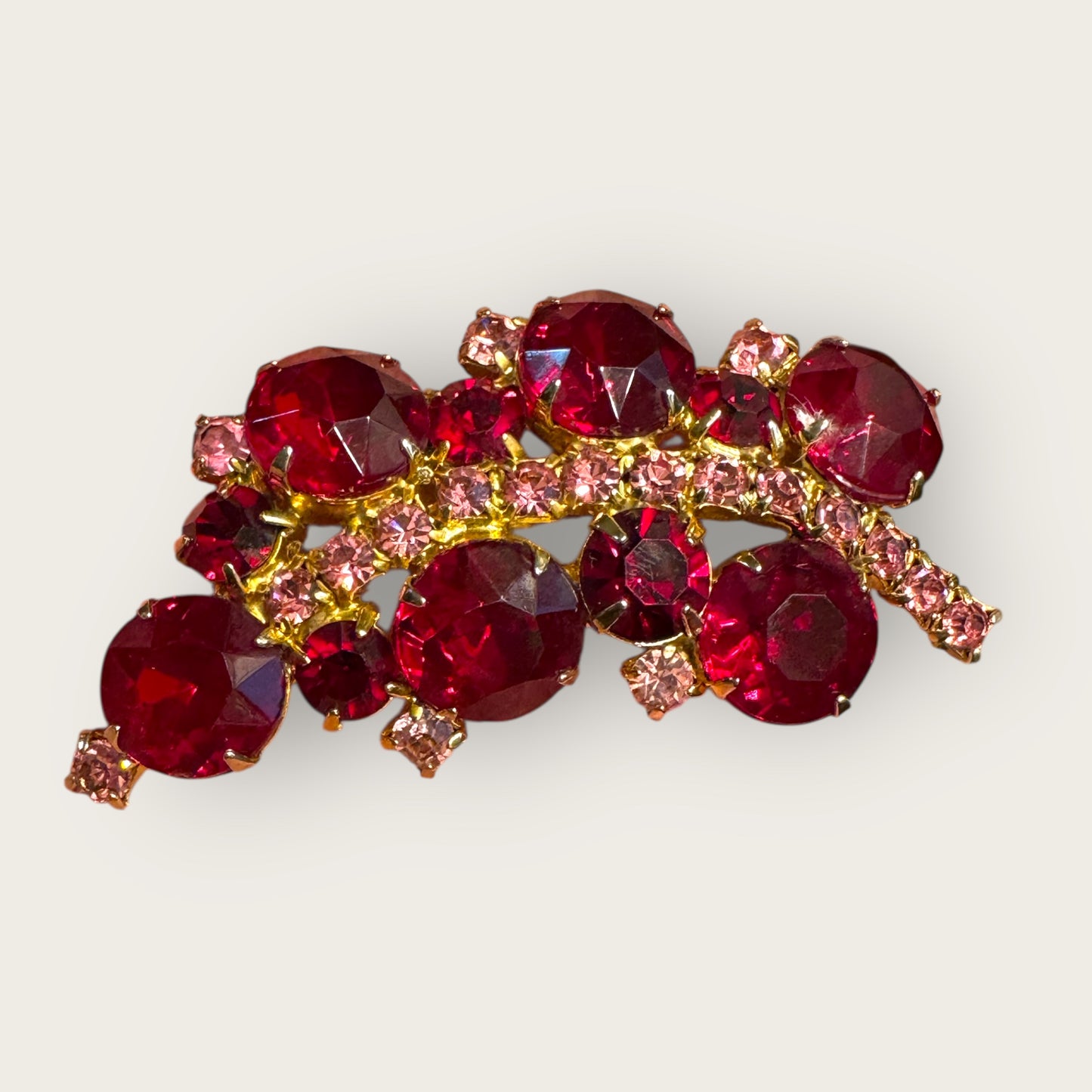 Vintage Ruby Red Chunky Rhinestone Brooch – Gold-Tone & Pink Accents