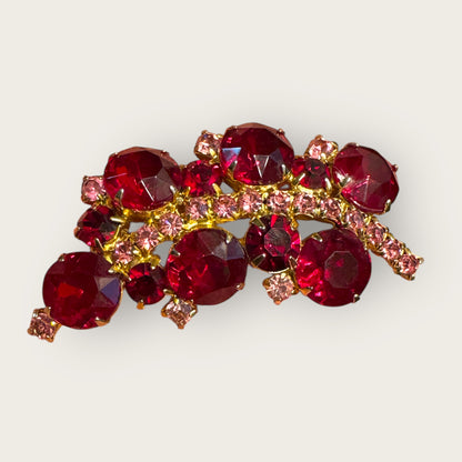 Vintage Ruby Red Chunky Rhinestone Brooch – Gold-Tone & Pink Accents