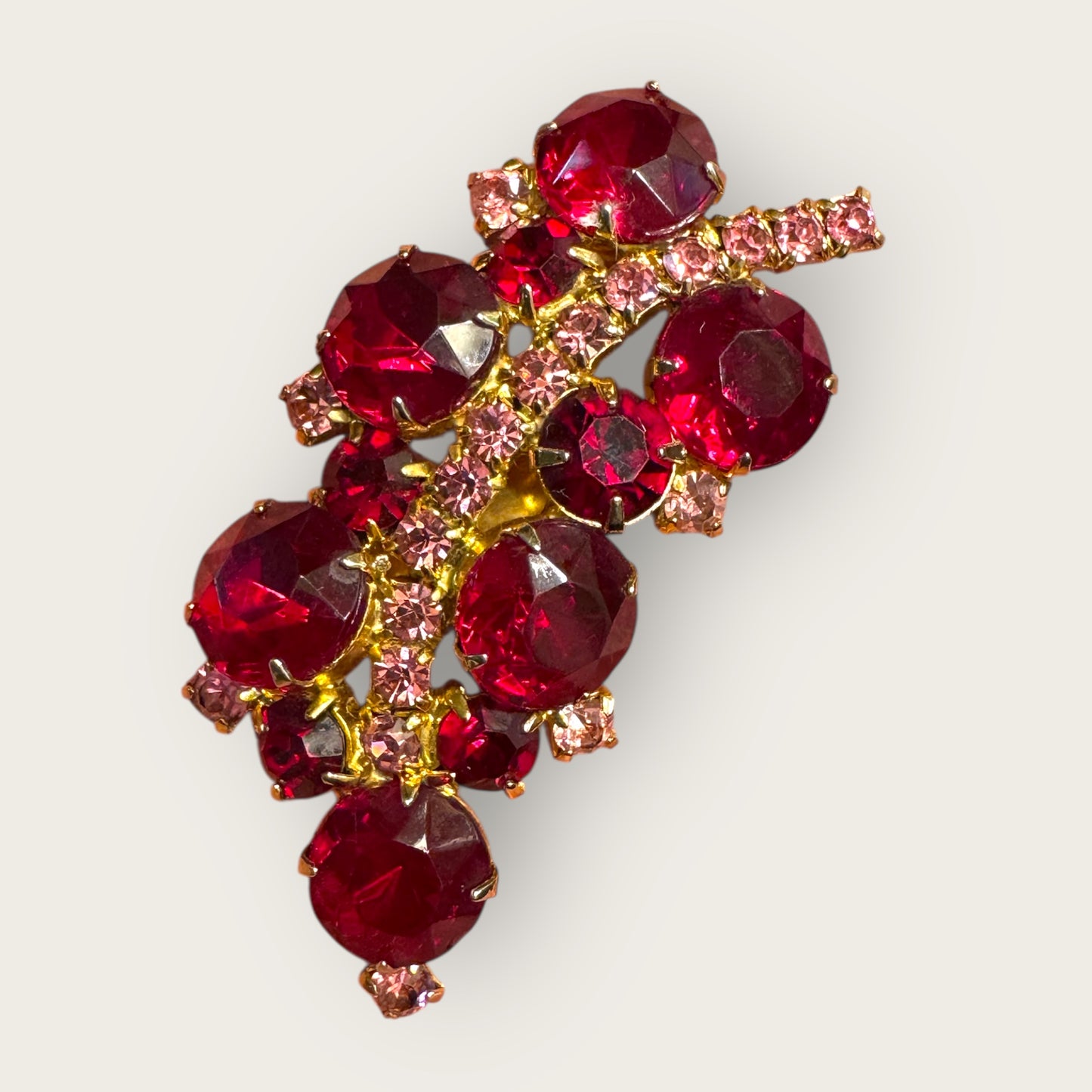 Vintage Ruby Red Chunky Rhinestone Brooch – Gold-Tone & Pink Accents
