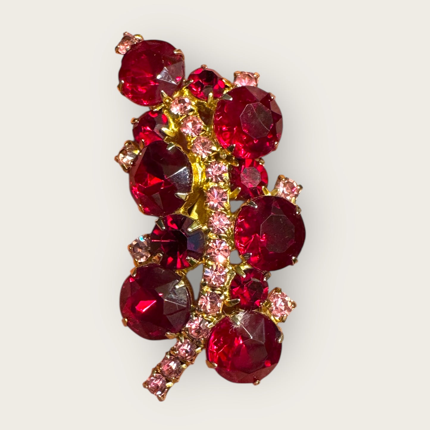 Vintage Ruby Red Chunky Rhinestone Brooch – Gold-Tone & Pink Accents