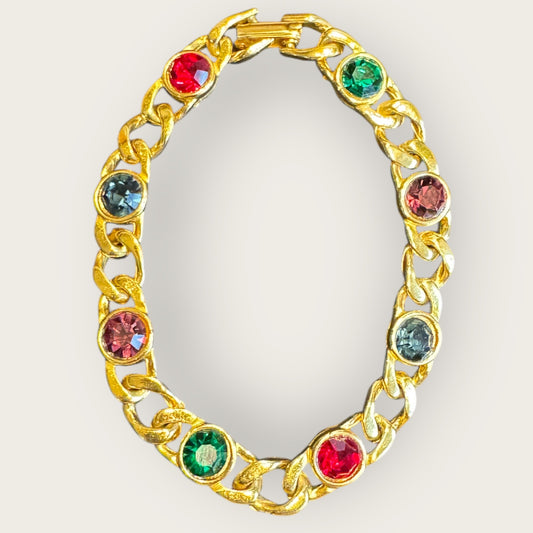Vintage USA Jewel-Tone Chain Link Bracelet – Multi-Color Foiled Glass, Gold Tone, 1960s–1970s