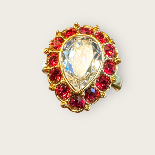 Vintage Monet Cocktail Ring – Pear Crystal & Ruby Glass Halo, Gold Tone, Size 6, 1960s–1970s