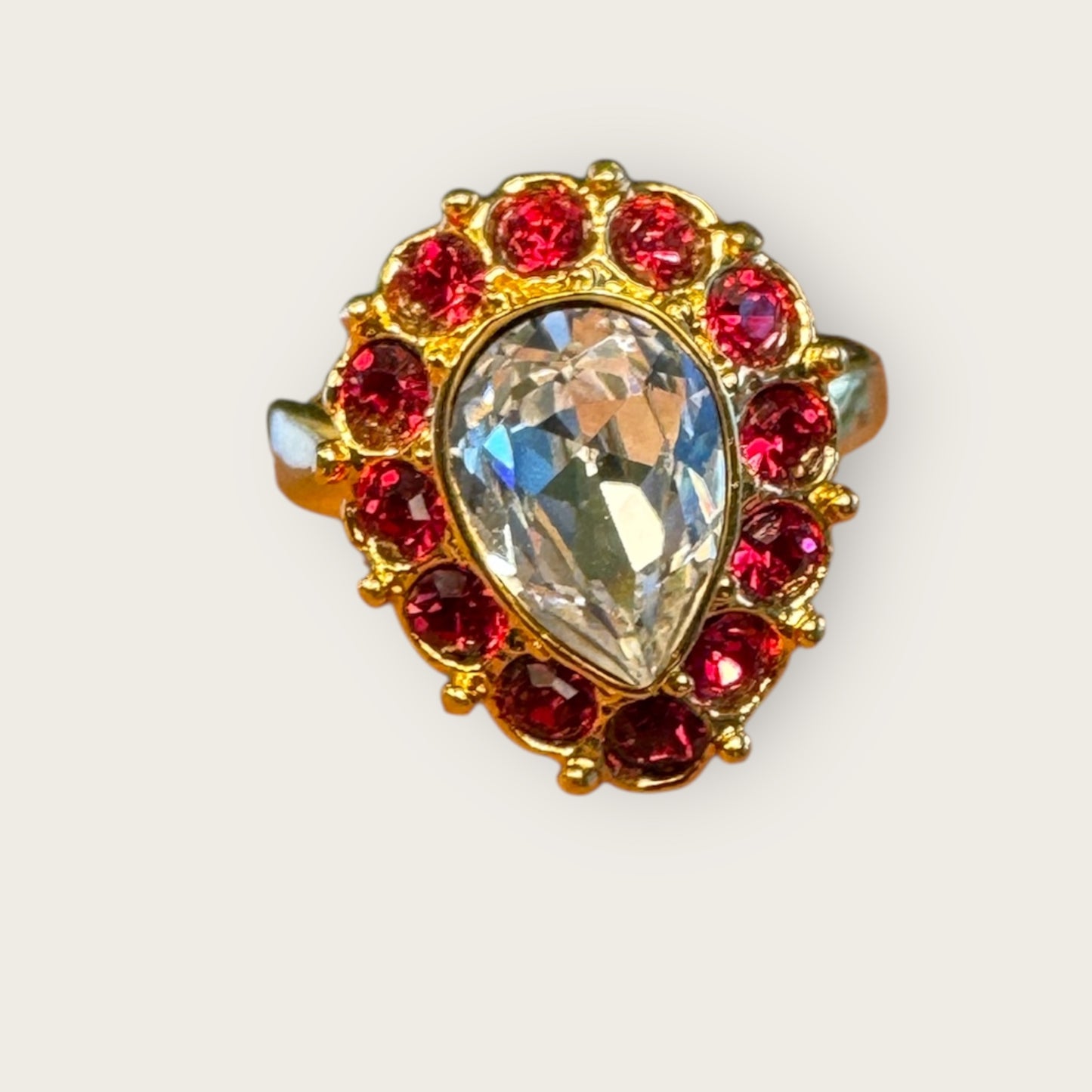 Vintage Monet Cocktail Ring – Pear Crystal & Ruby Glass Halo, Gold Tone, Size 6, 1960s–1970s