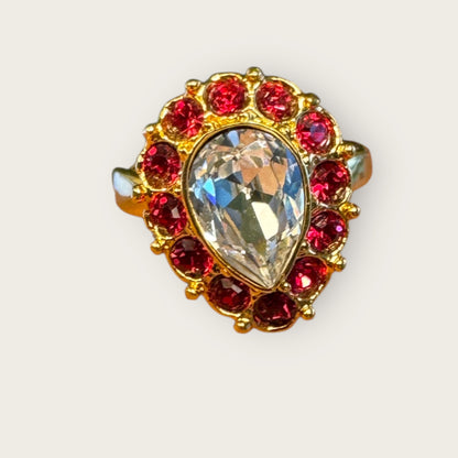 Vintage Monet Cocktail Ring – Pear Crystal & Ruby Glass Halo, Gold Tone, Size 6, 1960s–1970s