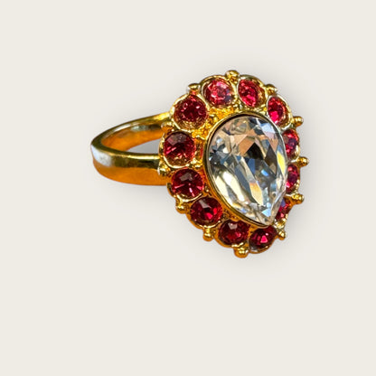 Vintage Monet Cocktail Ring – Pear Crystal & Ruby Glass Halo, Gold Tone, Size 6, 1960s–1970s