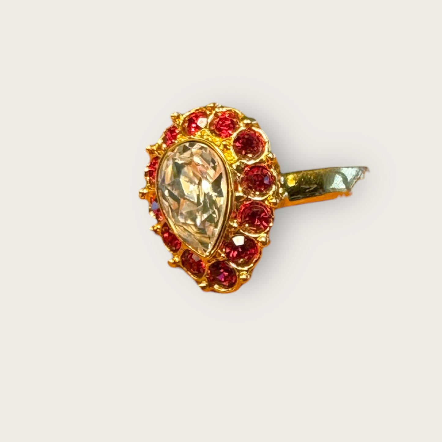 Vintage Monet Cocktail Ring – Pear Crystal & Ruby Glass Halo, Gold Tone, Size 6, 1960s–1970s