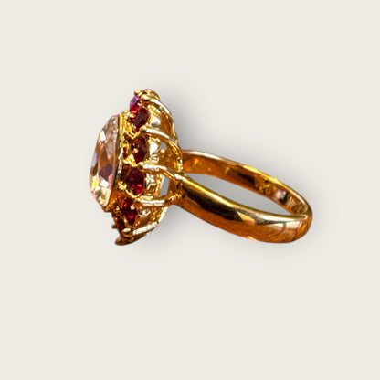 Vintage Monet Cocktail Ring – Pear Crystal & Ruby Glass Halo, Gold Tone, Size 6, 1960s–1970s