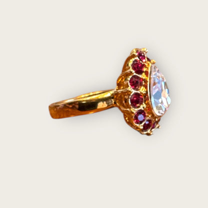 Vintage Monet Cocktail Ring – Pear Crystal & Ruby Glass Halo, Gold Tone, Size 6, 1960s–1970s
