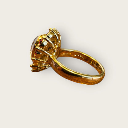 Vintage Monet Cocktail Ring – Pear Crystal & Ruby Glass Halo, Gold Tone, Size 6, 1960s–1970s