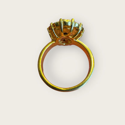 Vintage Monet Cocktail Ring – Pear Crystal & Ruby Glass Halo, Gold Tone, Size 6, 1960s–1970s