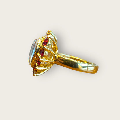 Vintage Monet Cocktail Ring – Pear Crystal & Ruby Glass Halo, Gold Tone, Size 6, 1960s–1970s