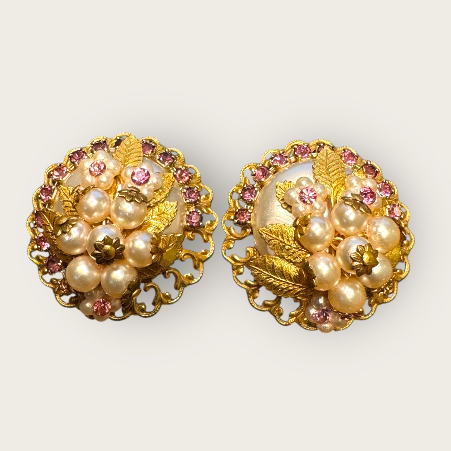 Vintage Filigree Pearl & Lavender Rhinestone Floral Clip-On Earrings
