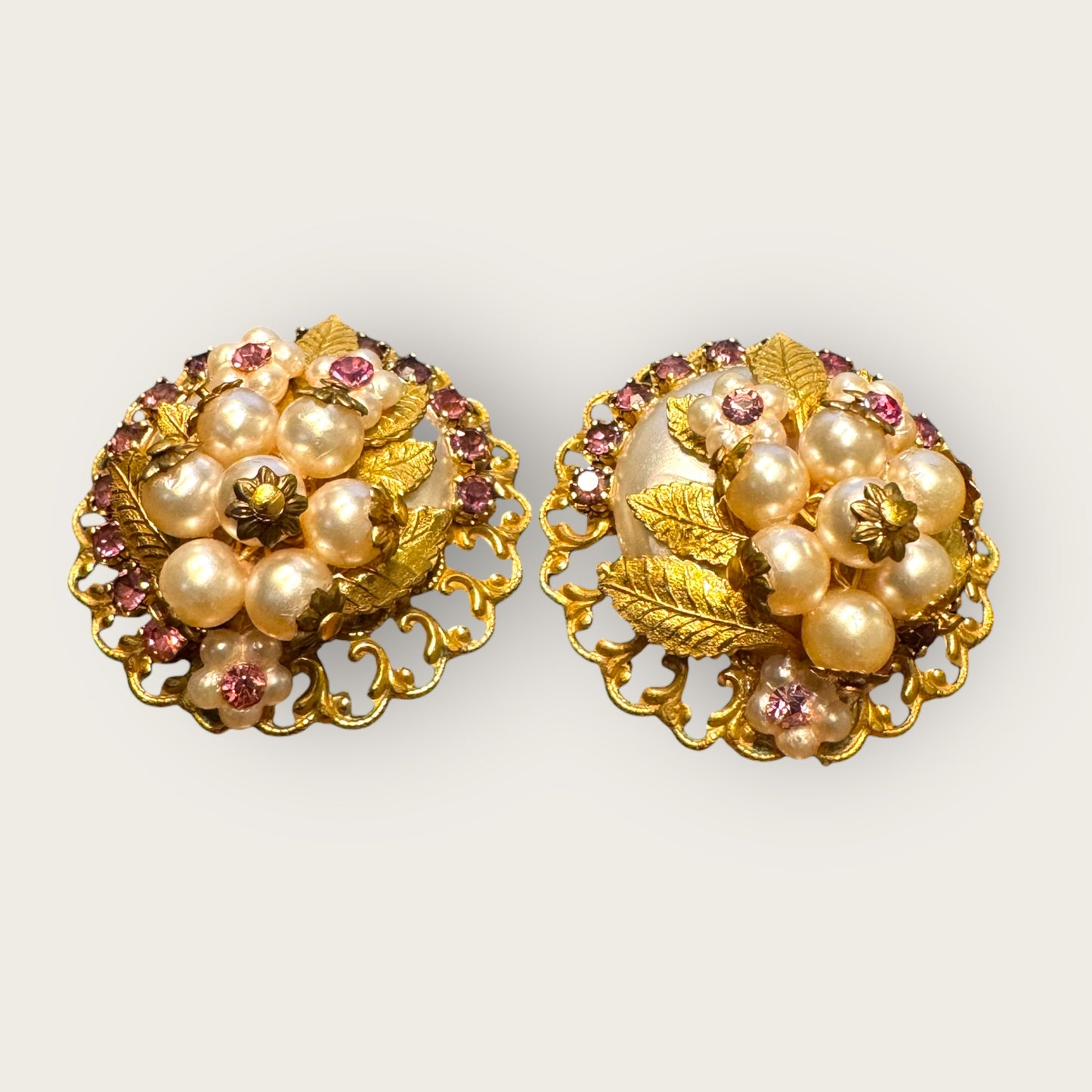 Vintage Filigree Pearl & Lavender Rhinestone Floral Clip-On Earrings