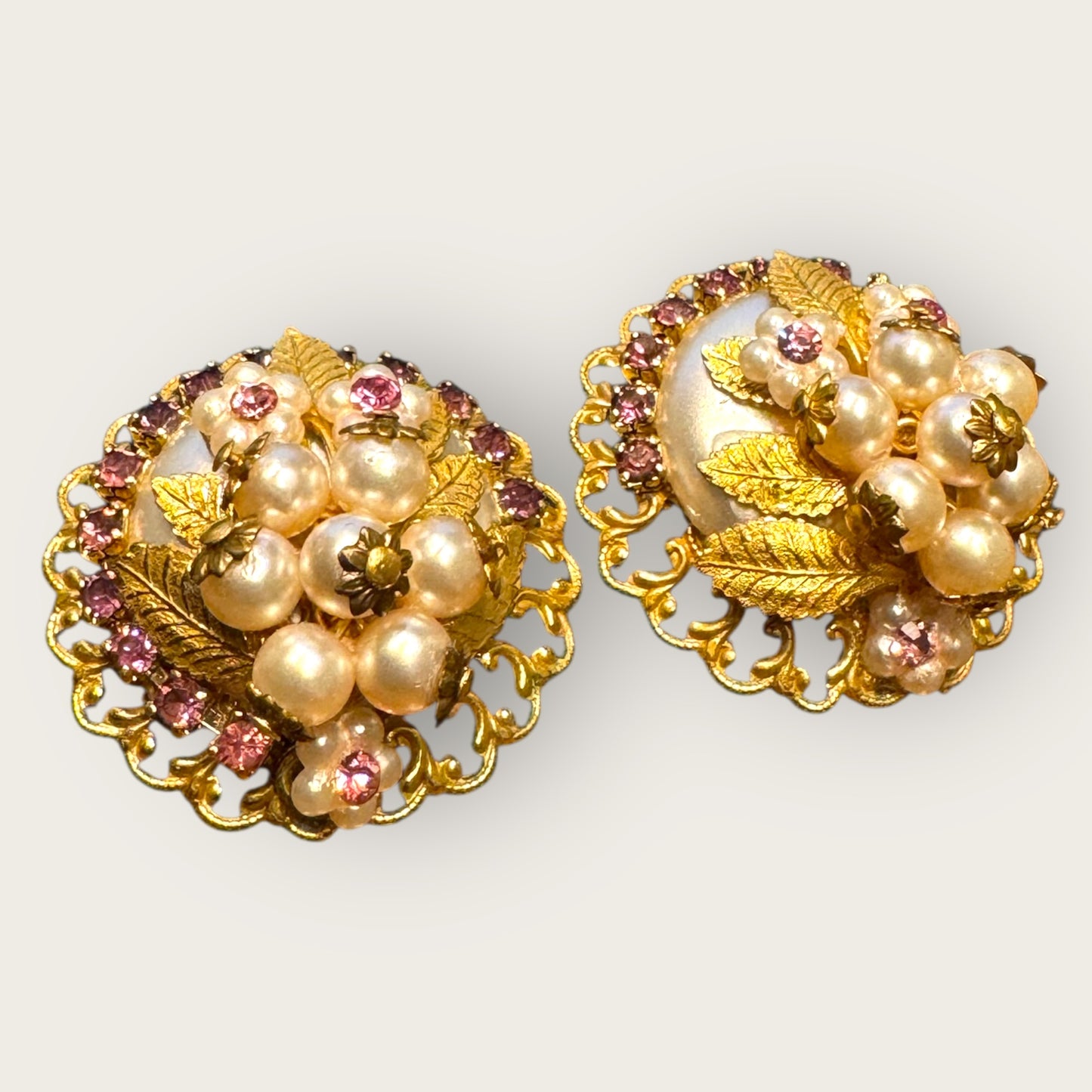 Vintage Filigree Pearl & Lavender Rhinestone Floral Clip-On Earrings