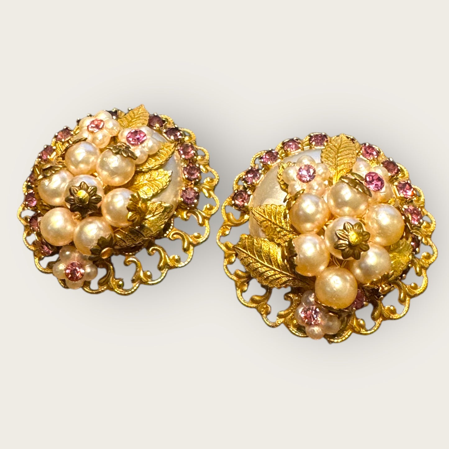 Vintage Filigree Pearl & Lavender Rhinestone Floral Clip-On Earrings