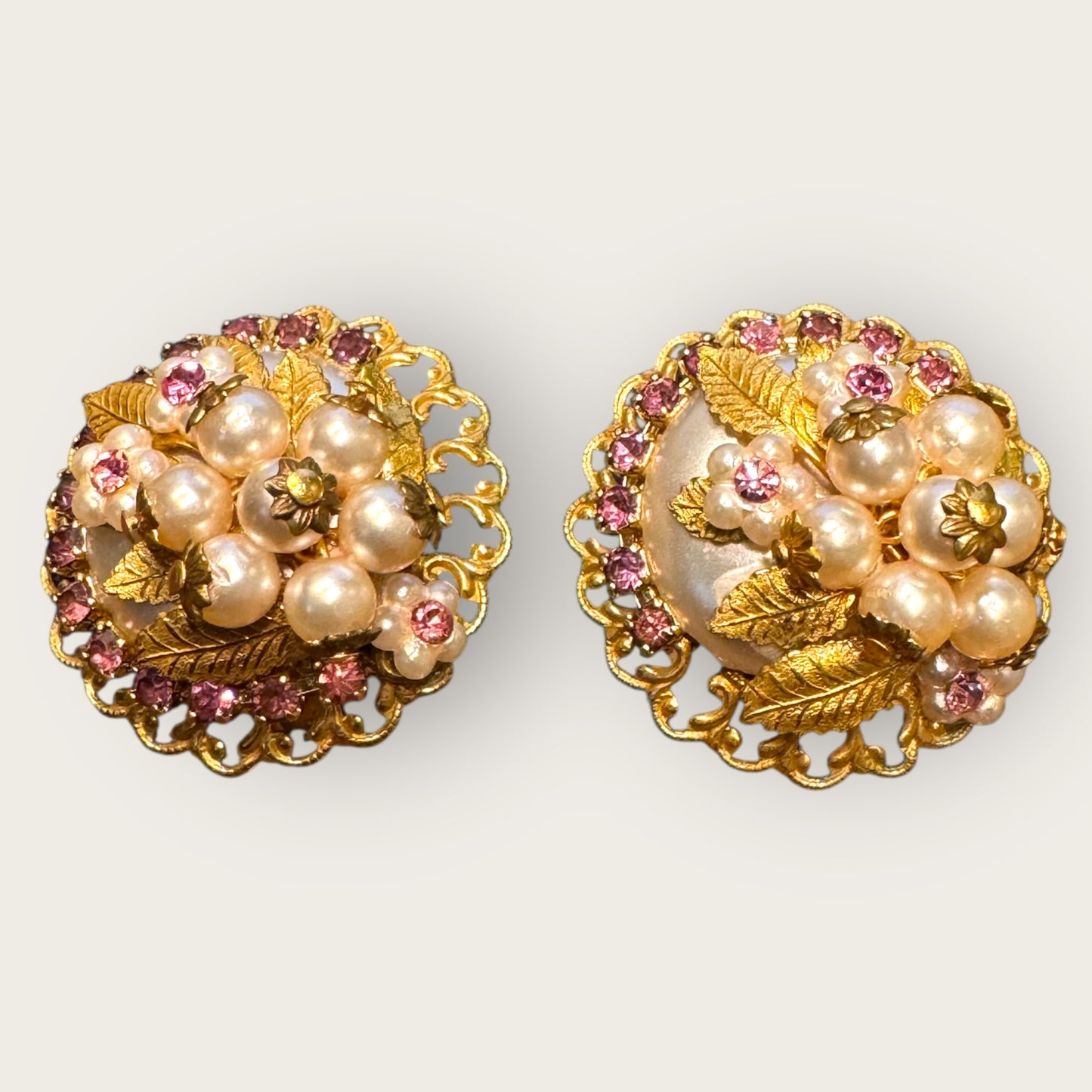 Vintage Filigree Pearl & Lavender Rhinestone Floral Clip-On Earrings