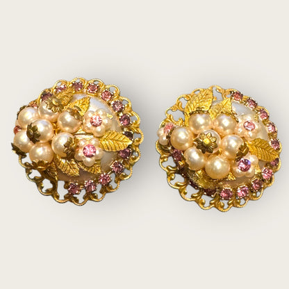 Vintage Filigree Pearl & Lavender Rhinestone Floral Clip-On Earrings