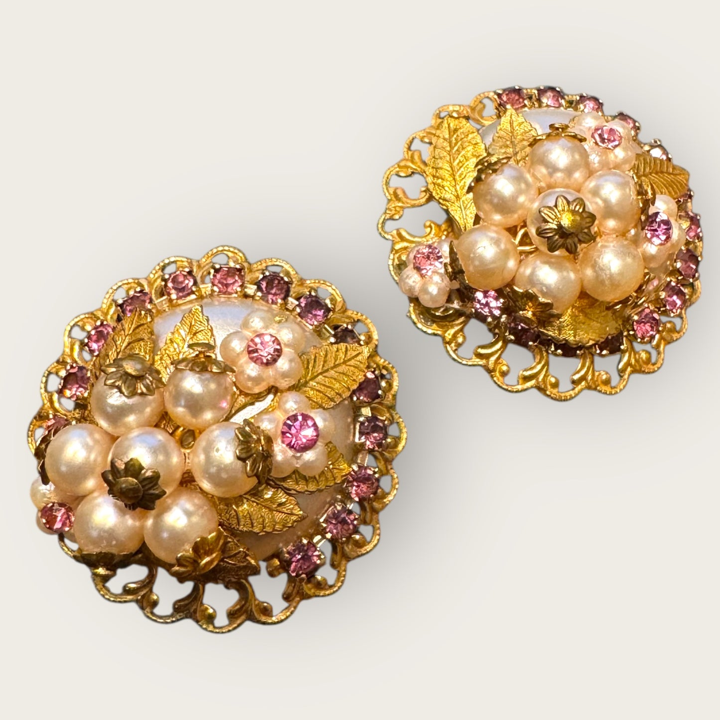 Vintage Filigree Pearl & Lavender Rhinestone Floral Clip-On Earrings