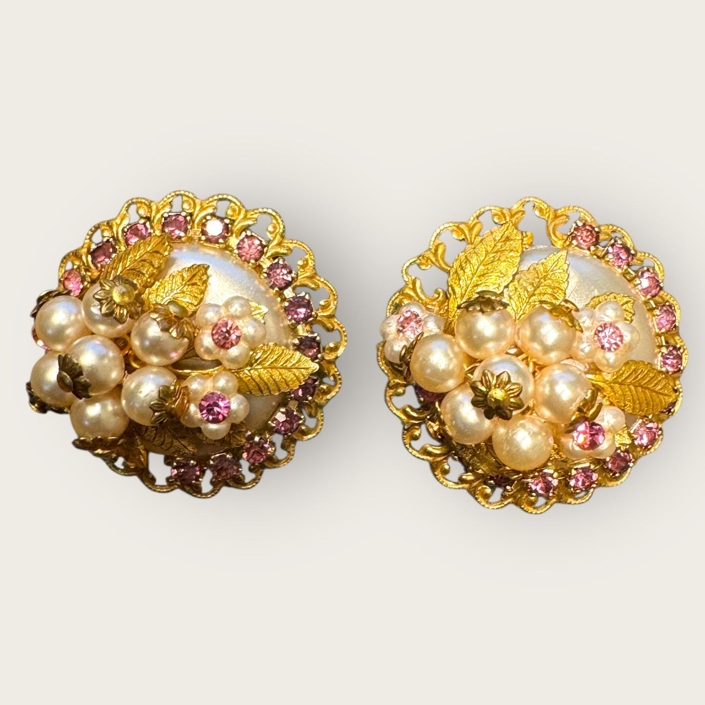 Vintage Filigree Pearl & Lavender Rhinestone Floral Clip-On Earrings