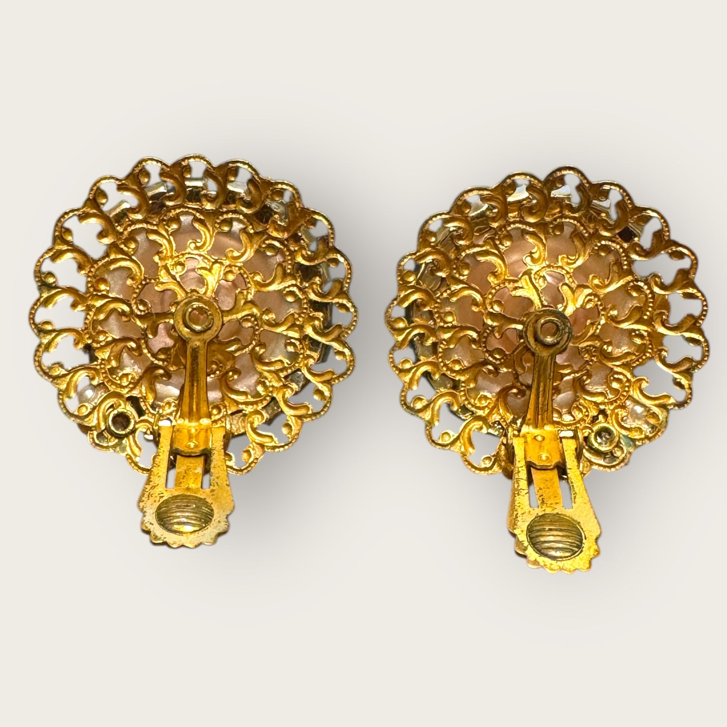 Vintage Filigree Pearl & Lavender Rhinestone Floral Clip-On Earrings