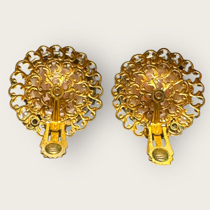 Vintage Filigree Pearl & Lavender Rhinestone Floral Clip-On Earrings