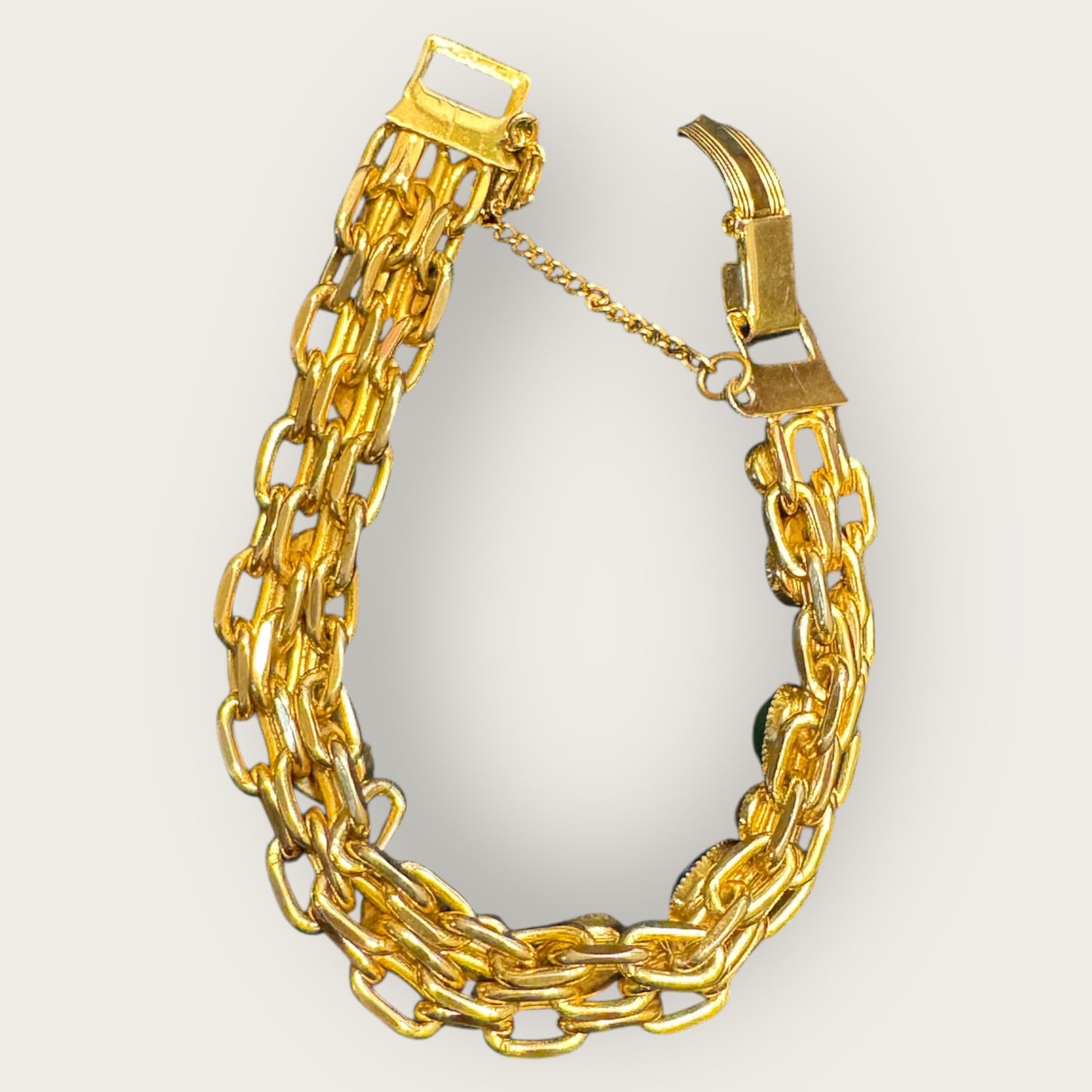 Vintage Multi-Cabochon Stones Double Chain Link Bracelet – Gold-Tone with Safety Chain