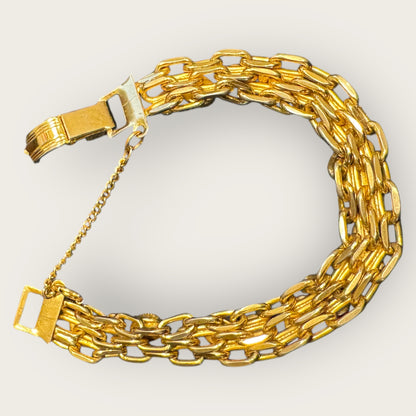 Vintage Multi-Cabochon Stones Double Chain Link Bracelet – Gold-Tone with Safety Chain