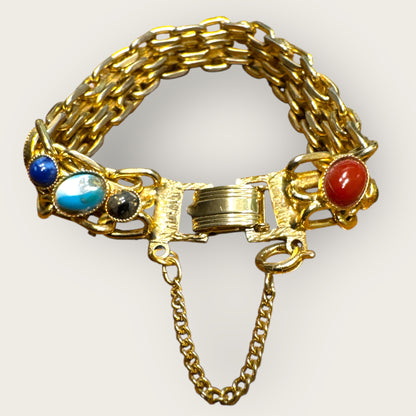Vintage Multi-Cabochon Stones Double Chain Link Bracelet – Gold-Tone with Safety Chain